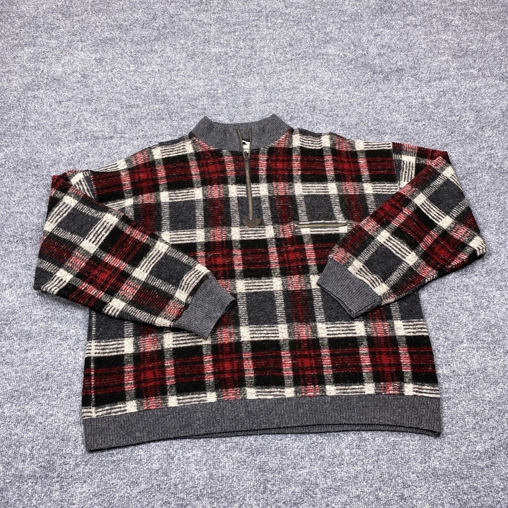 Vintage L.L. Bean Sweater Men Large Gray Plaid Mock Neck Wool 1/4 Zip Pullover